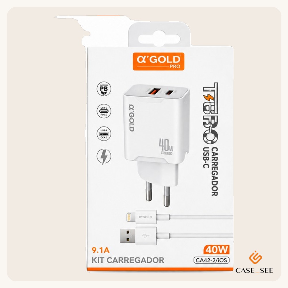 KIT CARREGADOR TURBO 40W USB-A + USB-C PD 3.0 QC4.0 CA42-2/IOS